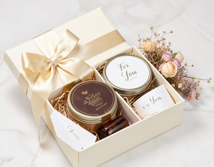 Cream box with champagne ribbon and candles