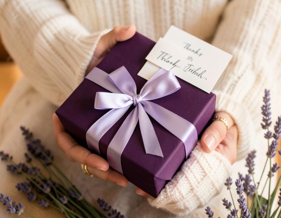 Hands holding a purple gift box