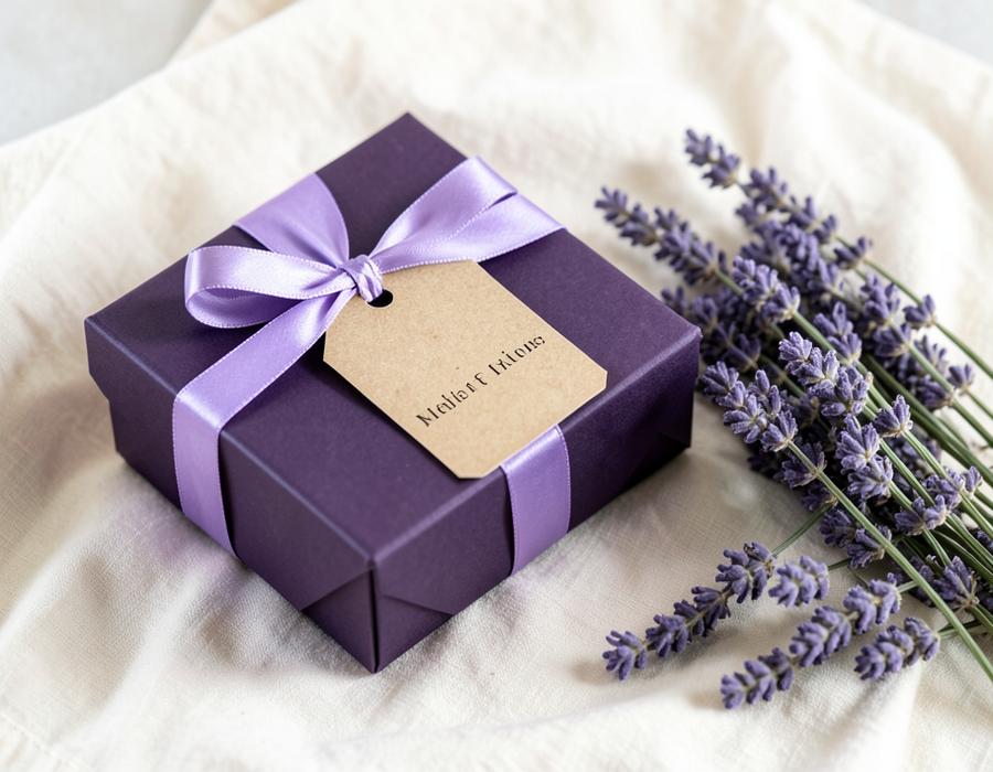 Purple gift box with kraft tag and lavender